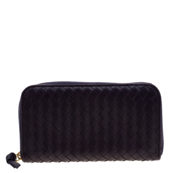 Pre Owned Bottega Veneta Purple Intrecciato Leather Zip Around Wallet