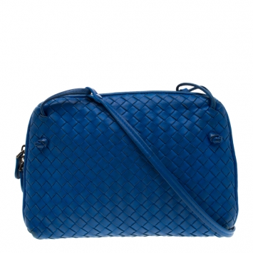 Pre Owned Bottega Veneta Blue Intrecciato Leather Nodini Crossbody Bag