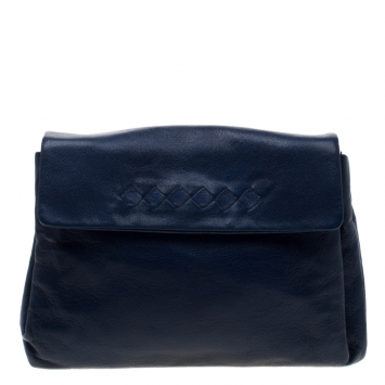 Pre Owned Bottega Veneta Blue Leather Flap Clutch