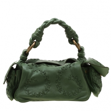 Pre Owned Bottega Veneta Green  Intrecciato-Trimmed Leather Crocker Shoulder Bag