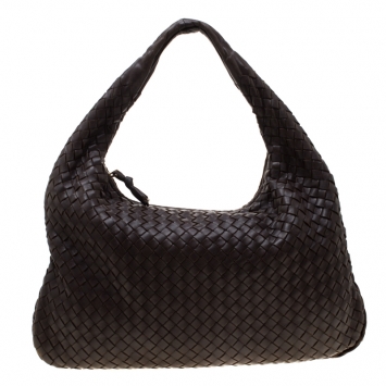 Pre Owned Bottega Veneta Dark Brown Intrecciato Nappa Leather Medium Veneta Hobo