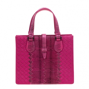 Pre Owned Bottega Veneta Pink Intrecciato Leather and Python Tote