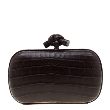 Pre Owned Bottega Veneta Dark Brown Crocodile Knot Clutch 