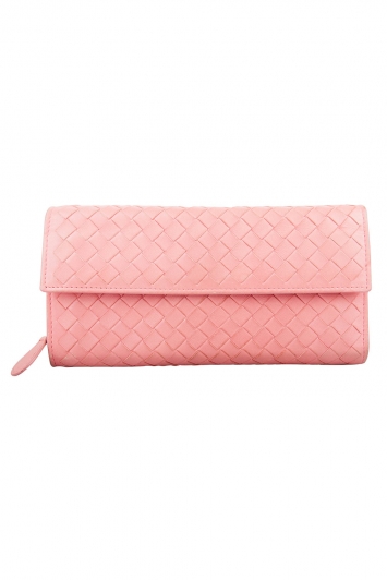 Pre Owned Bottega Veneta Pink Intrecciato Leather Continental Wallet