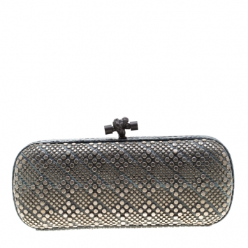 Pre Owned Bottega Veneta Grey Snakeskin Studded Knot Clutch