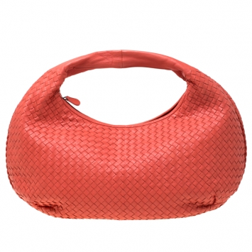 Pre Owned Bottega Veneta Coral Orange Intrecciato Leather Large Veneta Hobo