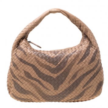 Pre Owned Bottega Veneta Brown Tiger Stripe Intrecciato Leather and Snakeskin Trim Medium Veneta Hobo