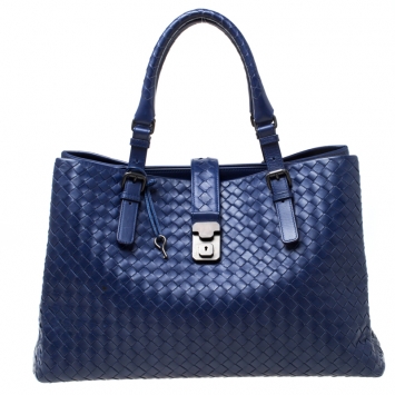 Pre Owned Bottega Veneta Blue Intrecciato Leather Medium Roma Tote