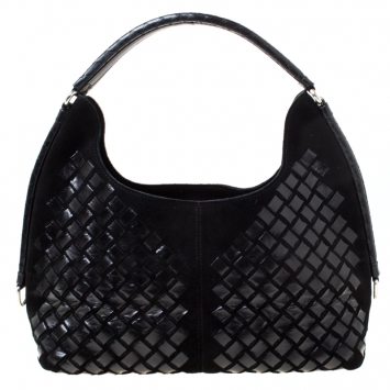 Pre Owned Bottega Veneta  Black Intrecciato Leather and Suede Hobo