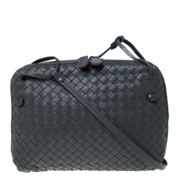 Pre Owned Bottega Veneta Grey Intrecciato Leather Double Zip Nodini Crossbody Bag
