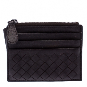 Pre Owned Bottega Veneta Dark Brown Intrecciato Leather Zip Card Holder