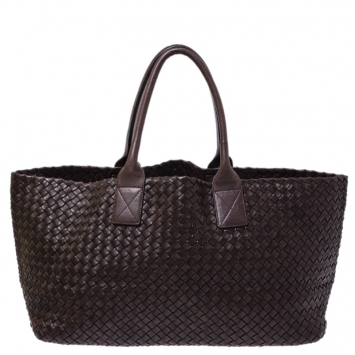 Pre Owned Bottega Veneta Brown Intrecciato Leather Medium Cabat Tote