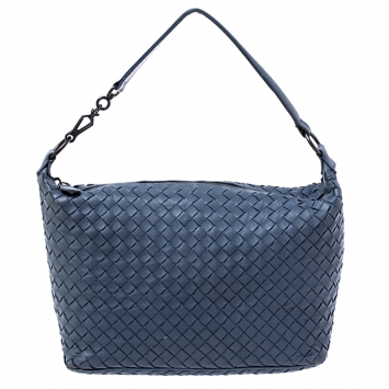 Pre Owned Bottega Veneta Blue Intrecciato Leather Hobo