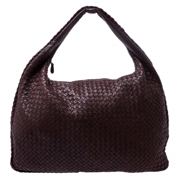 Pre Owned Bottega Veneta Dark Brown Intrecciato Leather Maxi Veneta Hobo 