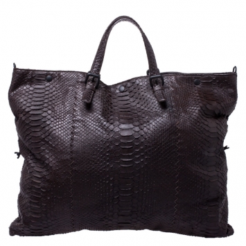 Pre Owned Bottega Veneta Dark Brown Python Large Convertible Tote