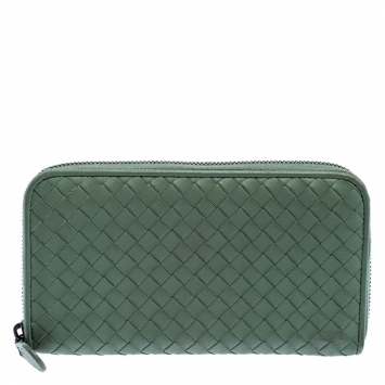 Pre Owned Bottega Veneta Mint Green Intrecciato Leather Zip Around Wallet