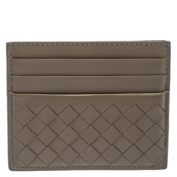Pre Owned Bottega Veneta Olive Green Intrecciato Leather Card Holder