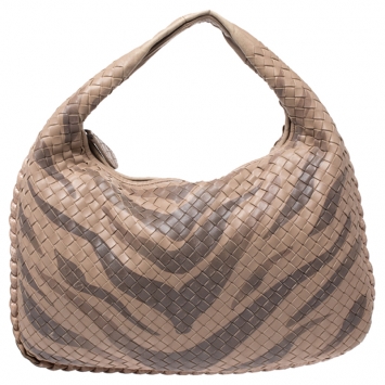 Pre Owned Bottega Veneta Beige Zebra Print Leather and Snakeskin Trim Veneta Hobo 