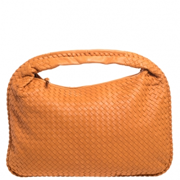 Pre Owned Bottega Veneta Orange Intrecciato Leather Maxi Veneta Hobo