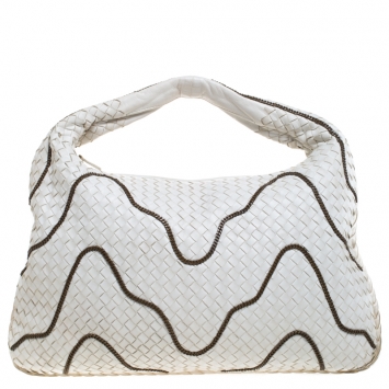 Pre Owned Bottega Veneta White Intrecciato Leather Chain Embellished Maxi Veneta Hobo