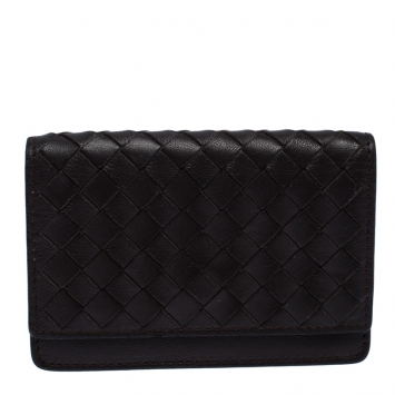 Pre Owned Bottega Veneta Dark Brown Intrecciato Leather Flap Card Case