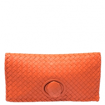 Pre Owned Bottega Veneta Orange Intrecciato Leather Twist Lock Clutch
