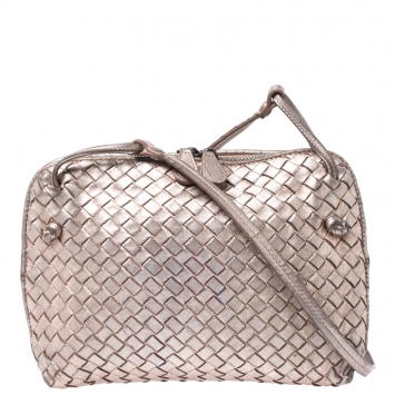 Pre Owned Bottega Veneta Metallic Rose Gold Intrecciato Leather Nodini Crossbody Bag