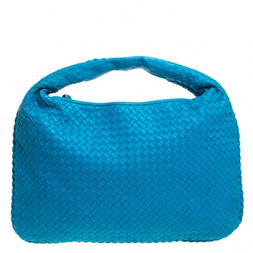 Pre Owned Bottega Veneta Sapphire Blue Intrecciato Leather Veneta Hobo