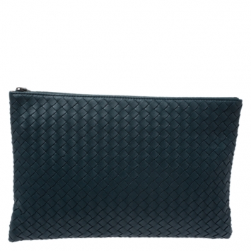 Pre Owned Bottega Veneta Teal Blue Intrecciato Leather Clutch