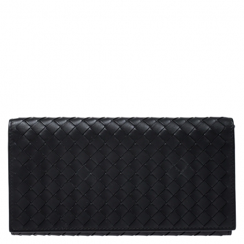 Pre Owned Bottega Veneta Black Intrecciato Leather Continental Wallet