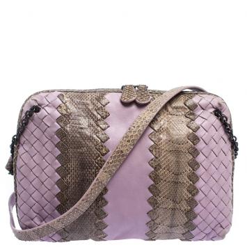 Pre Owned Bottega Veneta Lavender/Beige Intrecciato Leather and Snakeskin Ayers Crossbody Bag