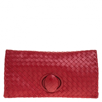 Pre Owned Bottega Veneta Red Intrecciato Leather Twist Lock Clutch
