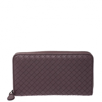 Pre Owned Bottega Veneta Purple Intrecciato Leather Zip Around Wallet