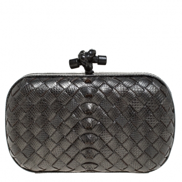 Pre Owned Bottega Veneta Metallic Grey Lizard Knot Clutch 