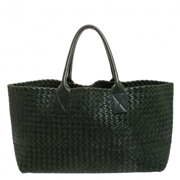 Pre Owned Bottega Veneta Green Intrecciato Leather Medium Cabat Tote with Pouch