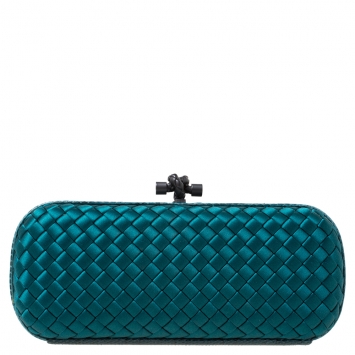 Pre Owned Bottega Veneta Green Intrecciato Satin and Python Stretch Knot Clutch