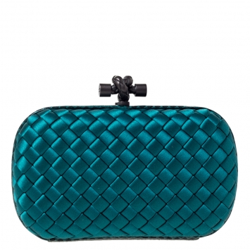 Pre Owned Bottega Veneta Emerald Green Satin and Snakeskin Trim Knot Clutch