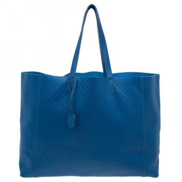 Pre Owned Bottega Veneta Blue Fraise Intrecciato-Mirage Large Tote
