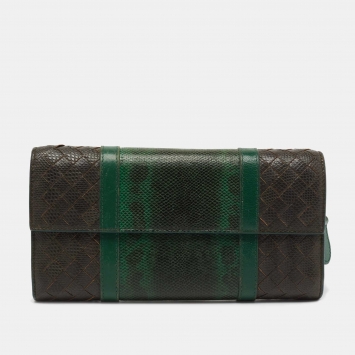Pre Owned Bottega Veneta Green Intrecciato Karung Flap Continental Wallet