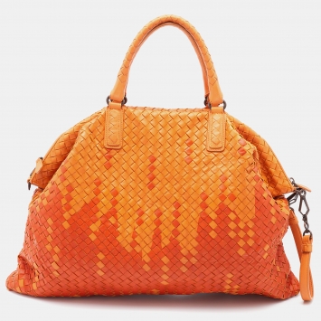 Pre Owned Bottega Veneta Orange Intrecciato Leather Maxi Convertible Tote