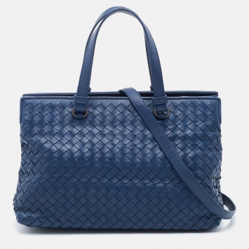 Pre Owned Bottega Veneta Navy Blue Intrecciato Leather Tote