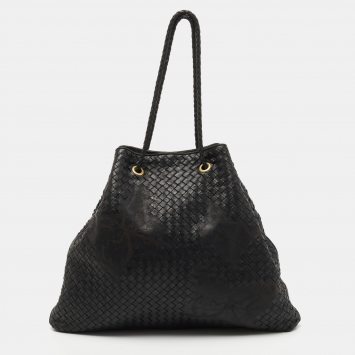 Pre Owned Bottega Veneta Black Intrecciato Leather Farfalle Draw String Bag