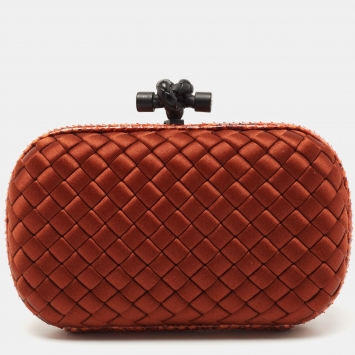 Pre Owned Bottega Veneta Brown Brique Intrecciato Satin and Karung Knot Embellished Clutch