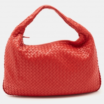 Pre Owned Bottega Veneta Crimson Red Intrecciato Leather Large Veneta Hobo