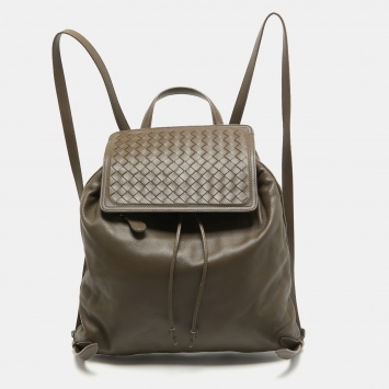 Pre Owned Bottega Veneta Grey Intrecciato Leather Drawstring Flap Bakcpack
