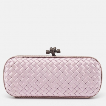Pre Owned Bottega Veneta Lavender Intrecciato Satin and Watersnake Leather Knot Long Clutch