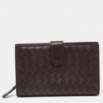 Pre Owned Bottega Veneta Brown Intrecciato Leather French Wallet