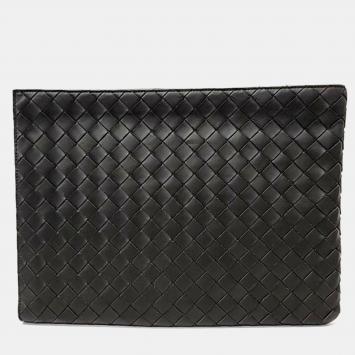 Pre Owned Bottega Veneta Deep Khaki Leather Mesh Clutch Bag