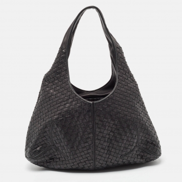 Pre Owned Bottega Veneta Black Intrecciato Leather Ball Hobo