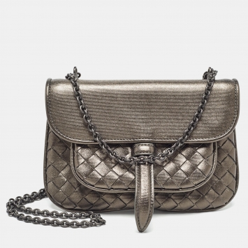 Pre Owned Bottega Veneta Metallic Intrecciato Leather Mini Chain Flap Bag